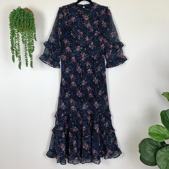 AE Studio S Black Floral Print High Neck Dress Cottagecore Whimsigoth - Picture 6 of 7